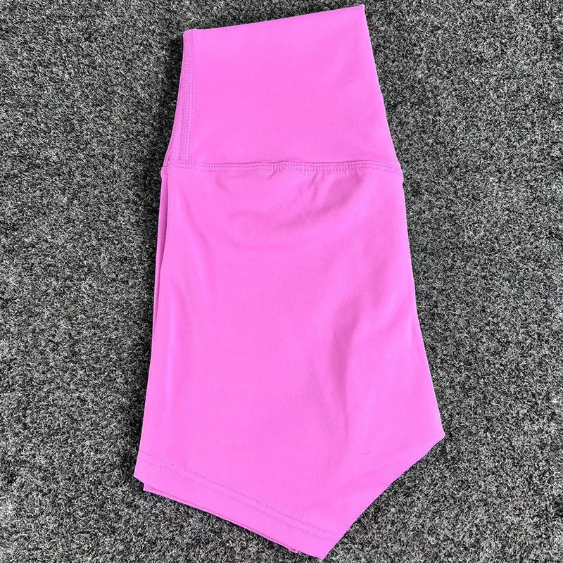 Ladies high-waisted yoga shorts in nylon fabric, shown in one of 16 available colours.