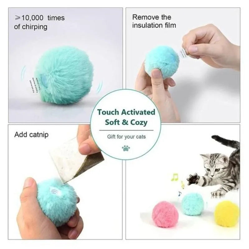 Interactive cat toy ball producing animal sounds when touched, available in blue, pink, and yellow