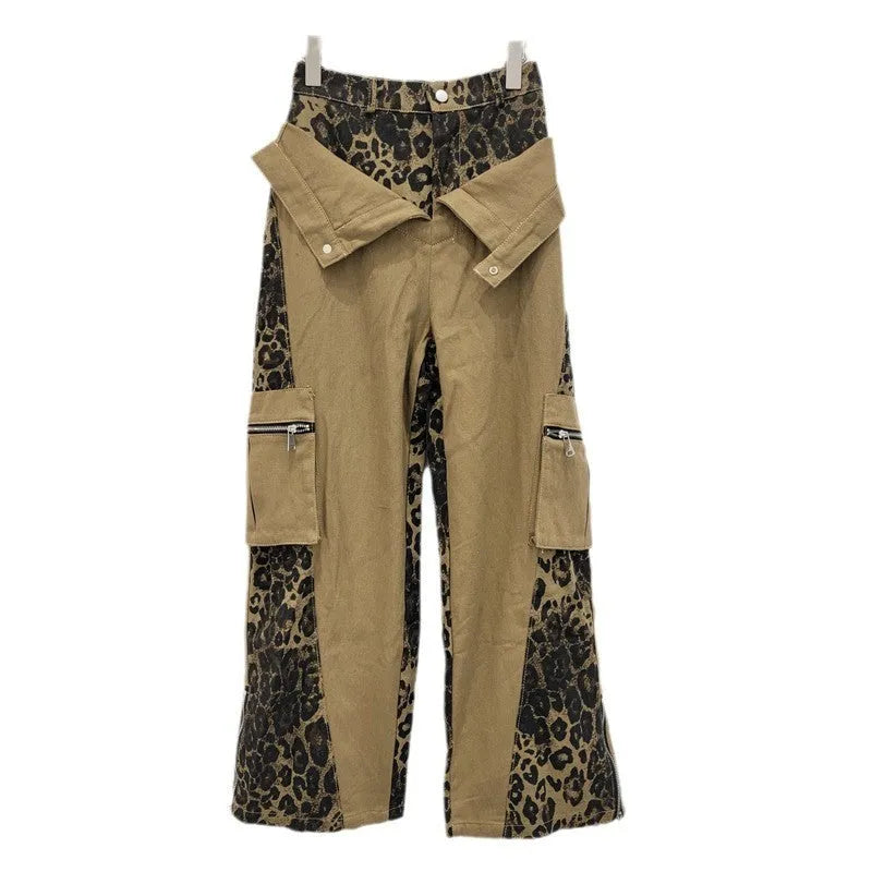 Women's retro high waist jeans with leopard print tooling style and fake two stitching on dark khaki denim