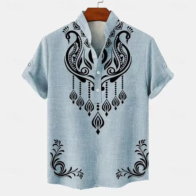 Men's loose-fit striped casual shirt with personalised buttons on a hanger