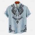 Men's loose-fit striped casual shirt with personalised buttons on a hanger