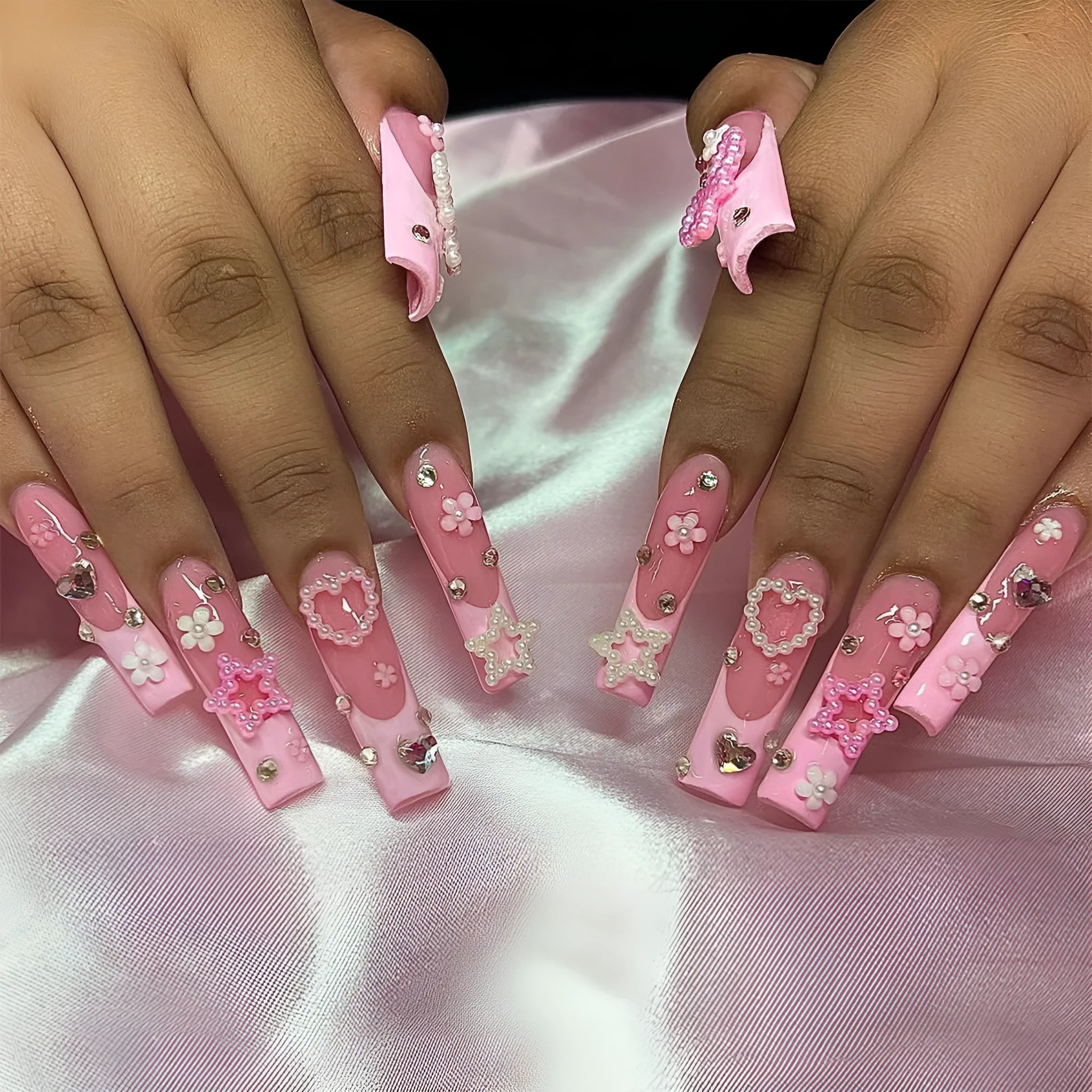 Super Long Water Pipe French Spot Drill Bow nail set with love pattern in XB-70-48 colour including plastic armour suit.