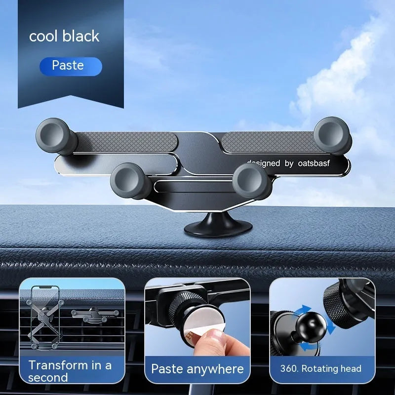 Aluminium alloy snap-on car phone holder shown in black, mounted on a car air vent.