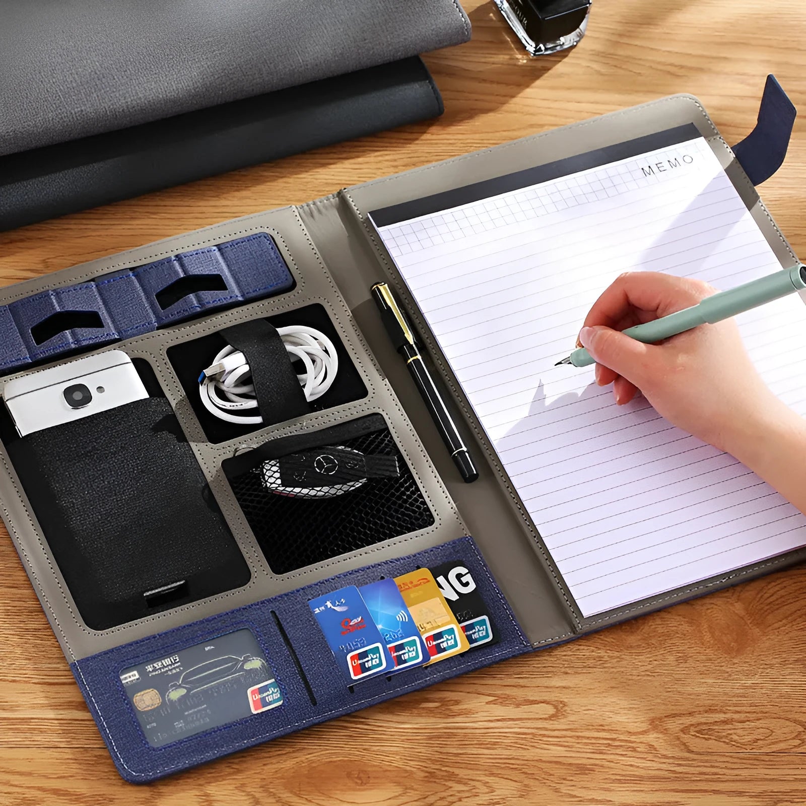 Leather A4 business multifunction folder with notepad and pen holder in black colour