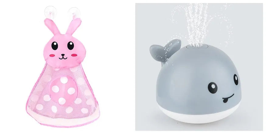 Electric whale-shaped baby bath toy with water spray, LED lights, and automatic water sensor