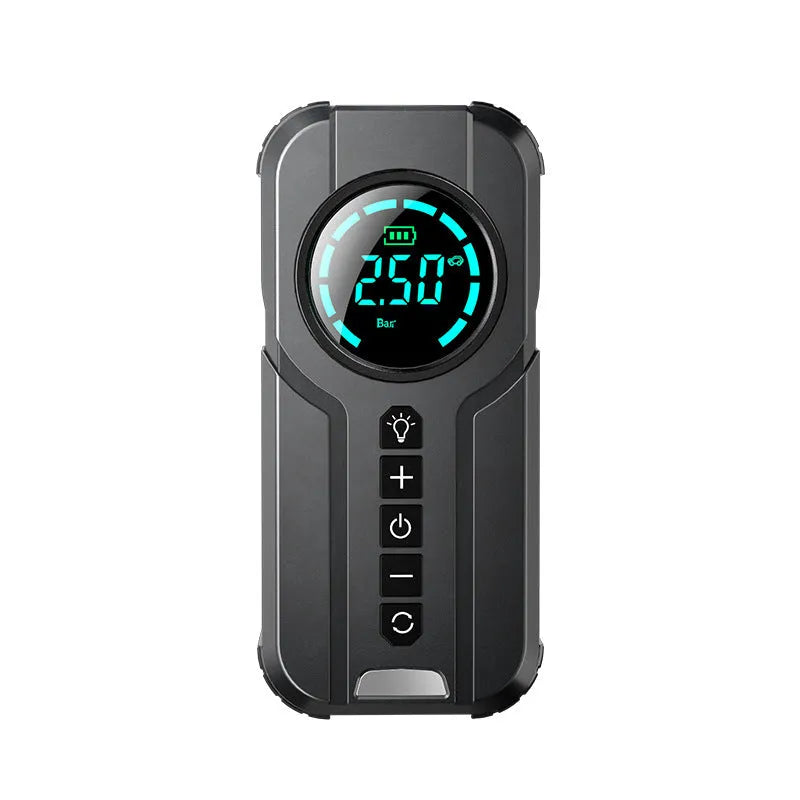 Portable wireless car air pump with power cable and multiple nozzle attachments