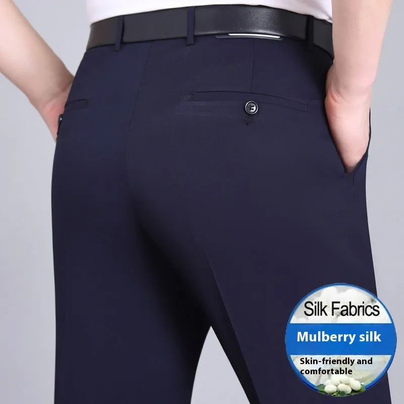 Men's mulberry silk business trousers in straight leg cut with high waist design