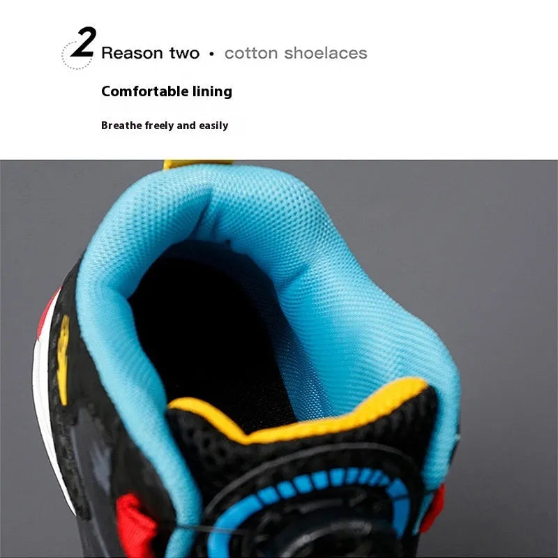 Children's basketball running shoes with rotating button closure in synthetic leather