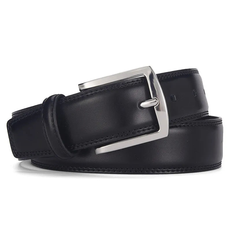 Men's genuine leather belt with alloy pin buckle in black or brown available in multiple lengths