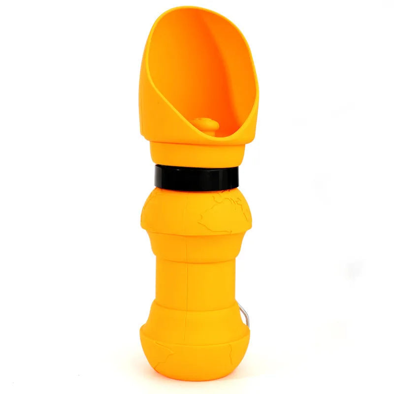 A folded flat and an unfolded silicone pet travel bowl showing its collapsible design.