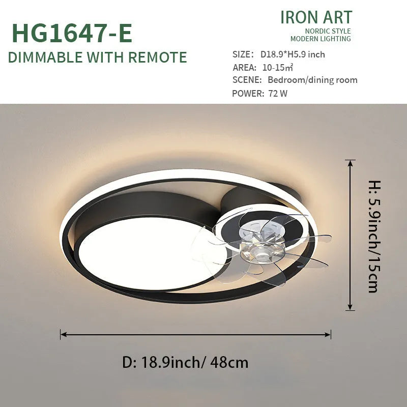 48cm ceiling fan light with metal blades and acrylic lampshade in black finish