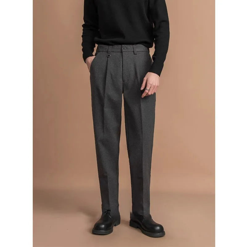 Men's straight-leg trousers in polyester fabric with draped styling for business casual wear