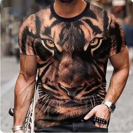 Men's grey T-shirt with a large, fierce 3D lion head print on the chest.