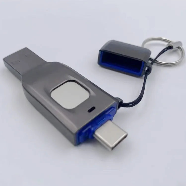 Black metal fingerprint encrypted USB flash drive with both USB 3.0 and Type-C connectors shown.