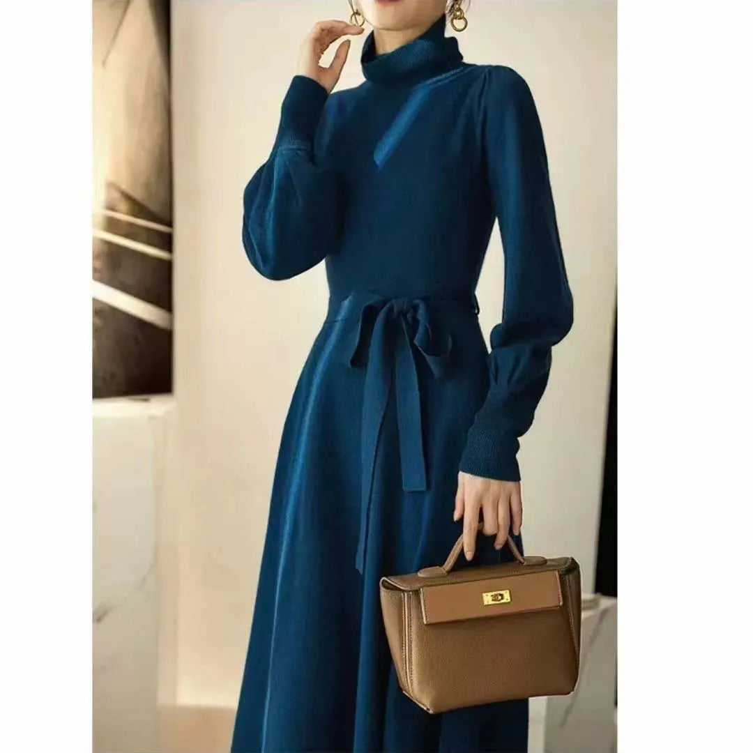 Knitted turtleneck dress with mid-length sweater skirt design and elastic waistband