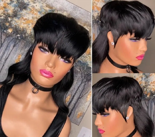 Brazilian wig black colour with bangs and front short back long style