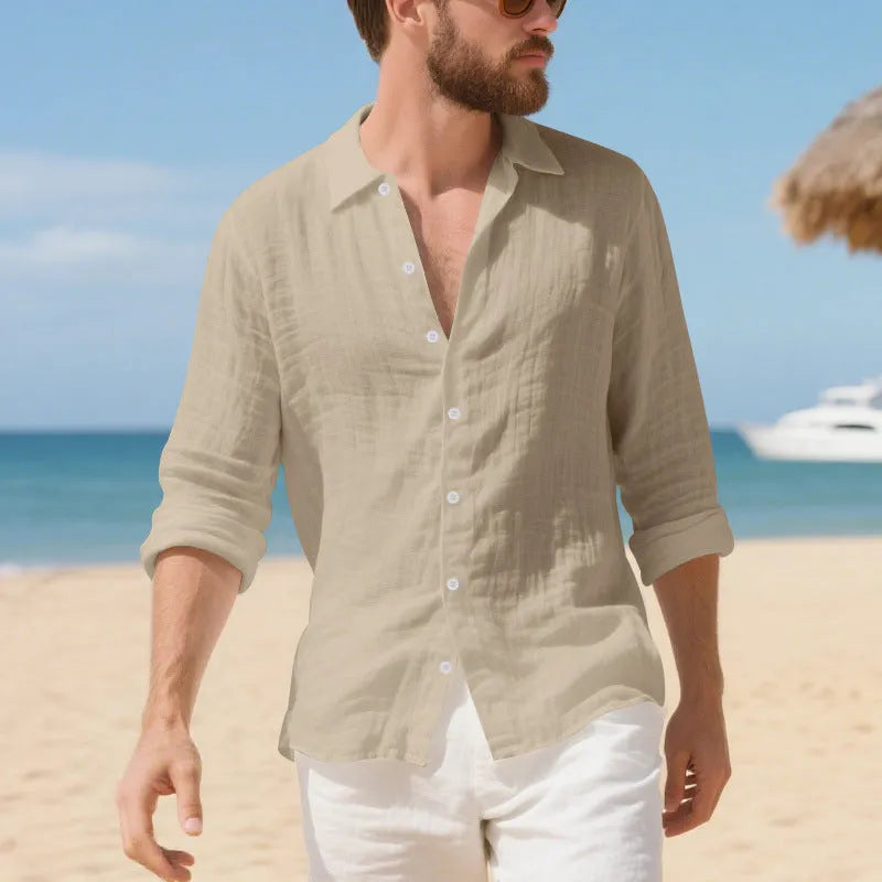 Linen American-style casual shirt in loose fit with non-ironing process