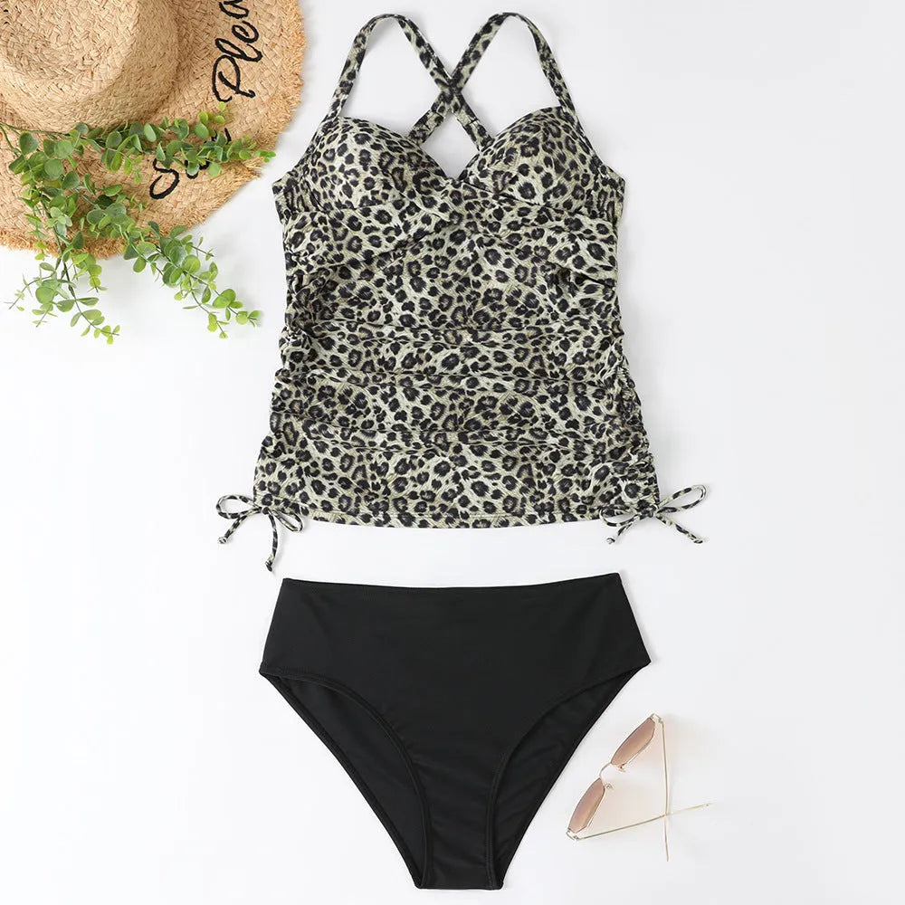 Women's slim fit nylon bikini set in black, army green, leopard print or green leaves patterns