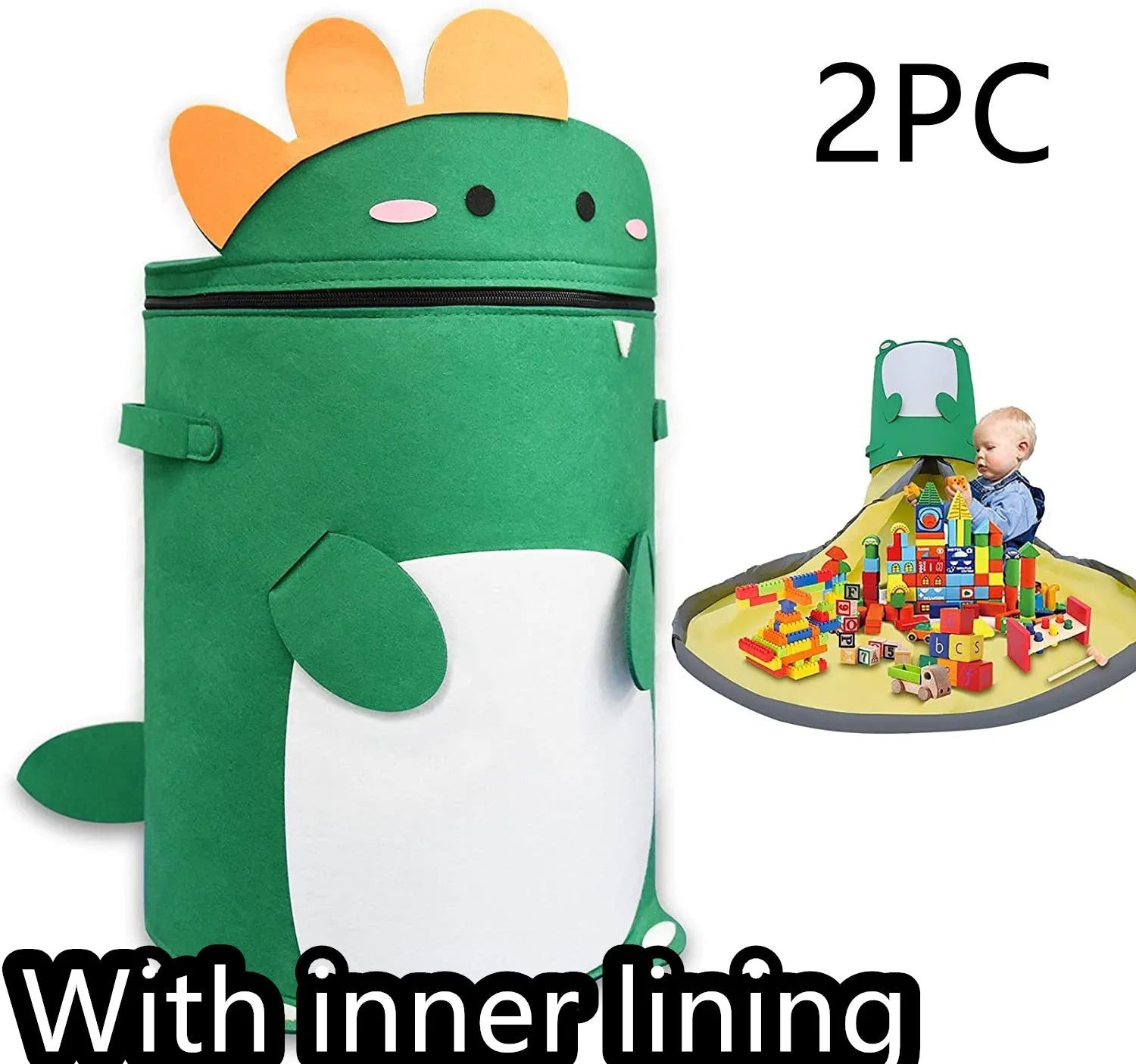 Green felt storage cube with pull rope unfolded as waterproof play mat for children's toys