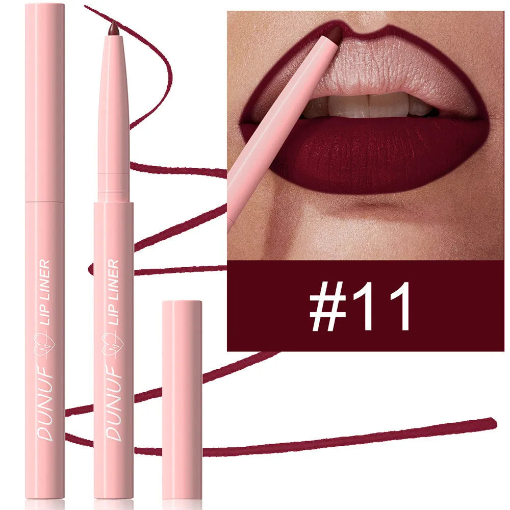 Set of twelve velvet matte lip liners in various shades for precise lip contouring