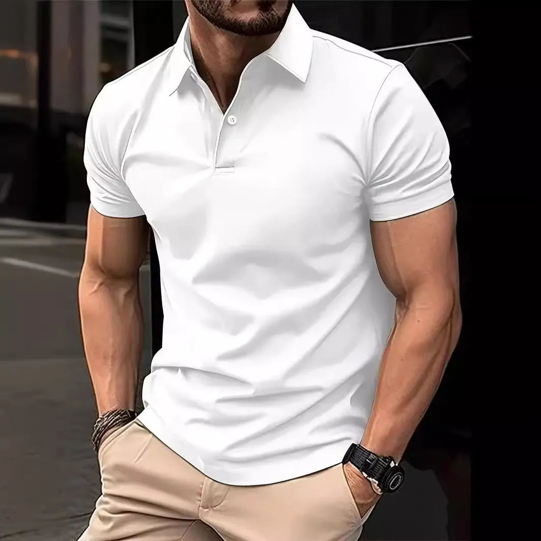 Men's slim fit casual short sleeve button-up shirt in a solid colour on a hanger.