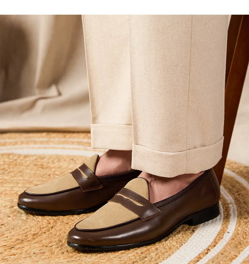 Men's coffee grey suede leather Belgium loafers with a slip-on design and rubber sole.