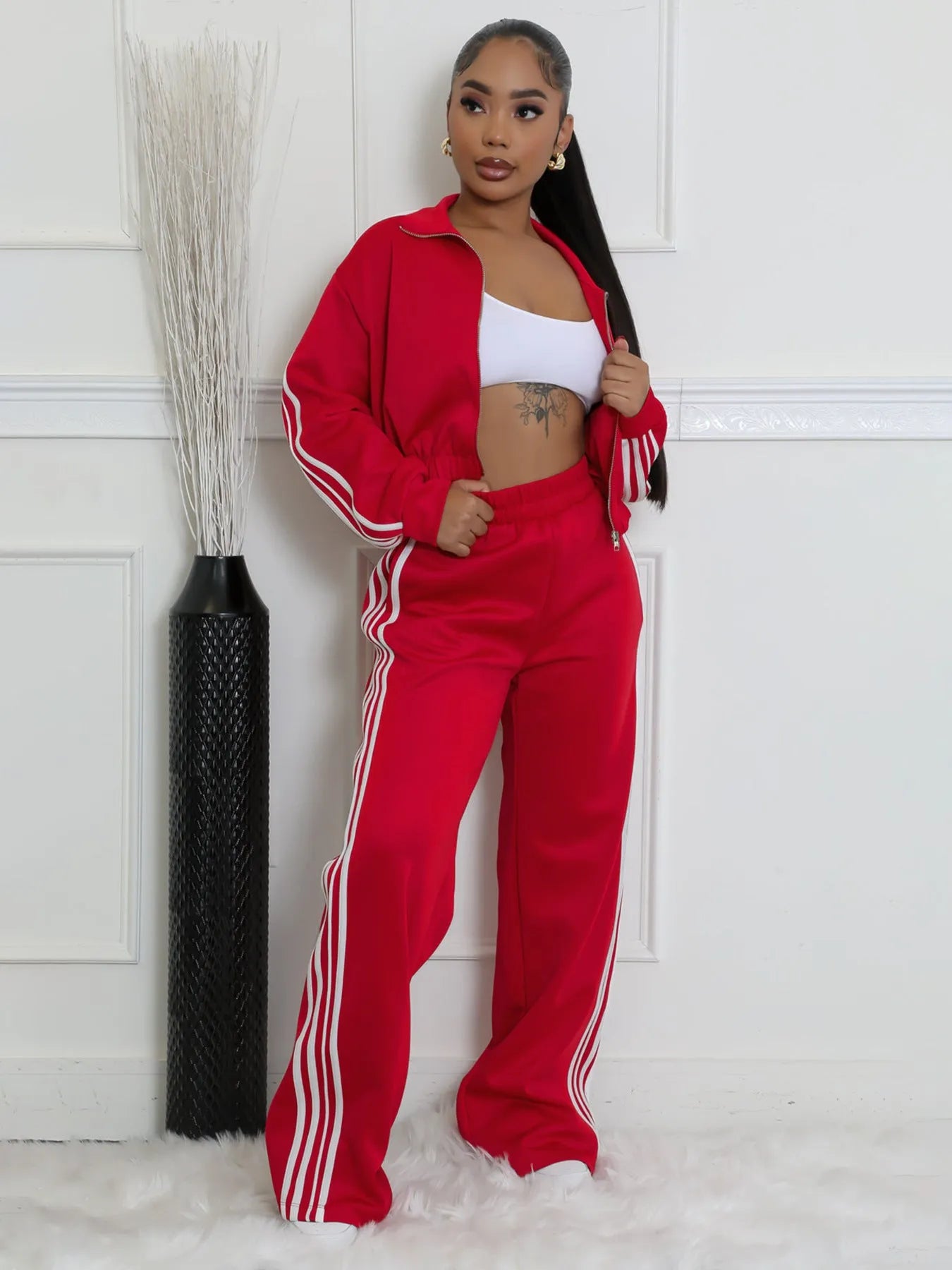 Street hipster two-piece sweater set with striped pattern in multiple colour options