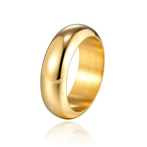 Glossy electroplated titanium steel ring in gold, black or steel colour showing shiny band design.