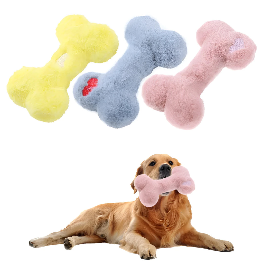 Blue plush bone-shaped dog toy with a vocal squeaker for interactive chew play