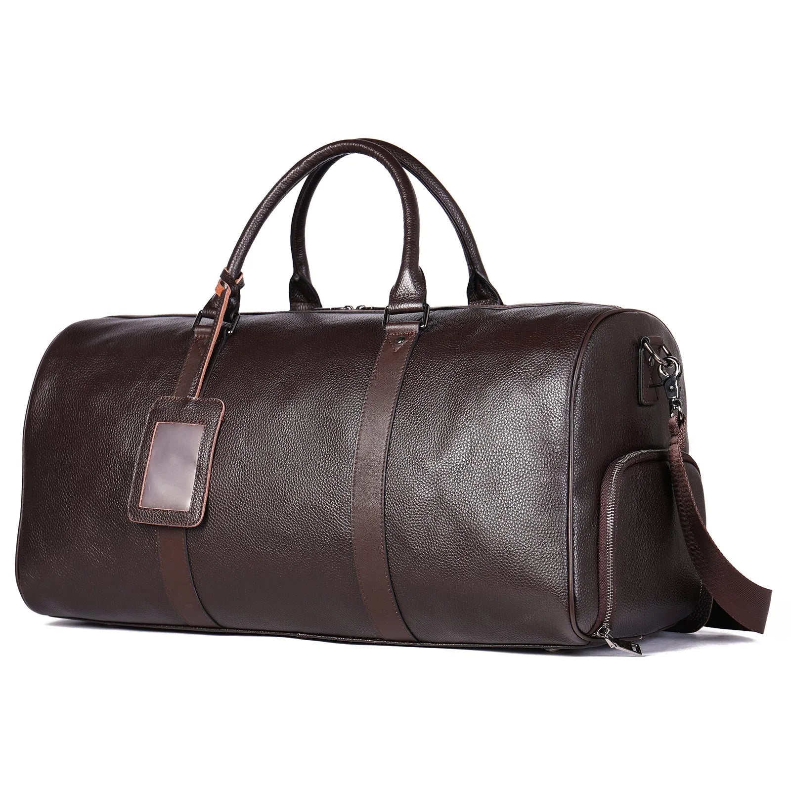 Men's black and coffee brown cowhide leather tote bag showing 44cm and 55cm size options.