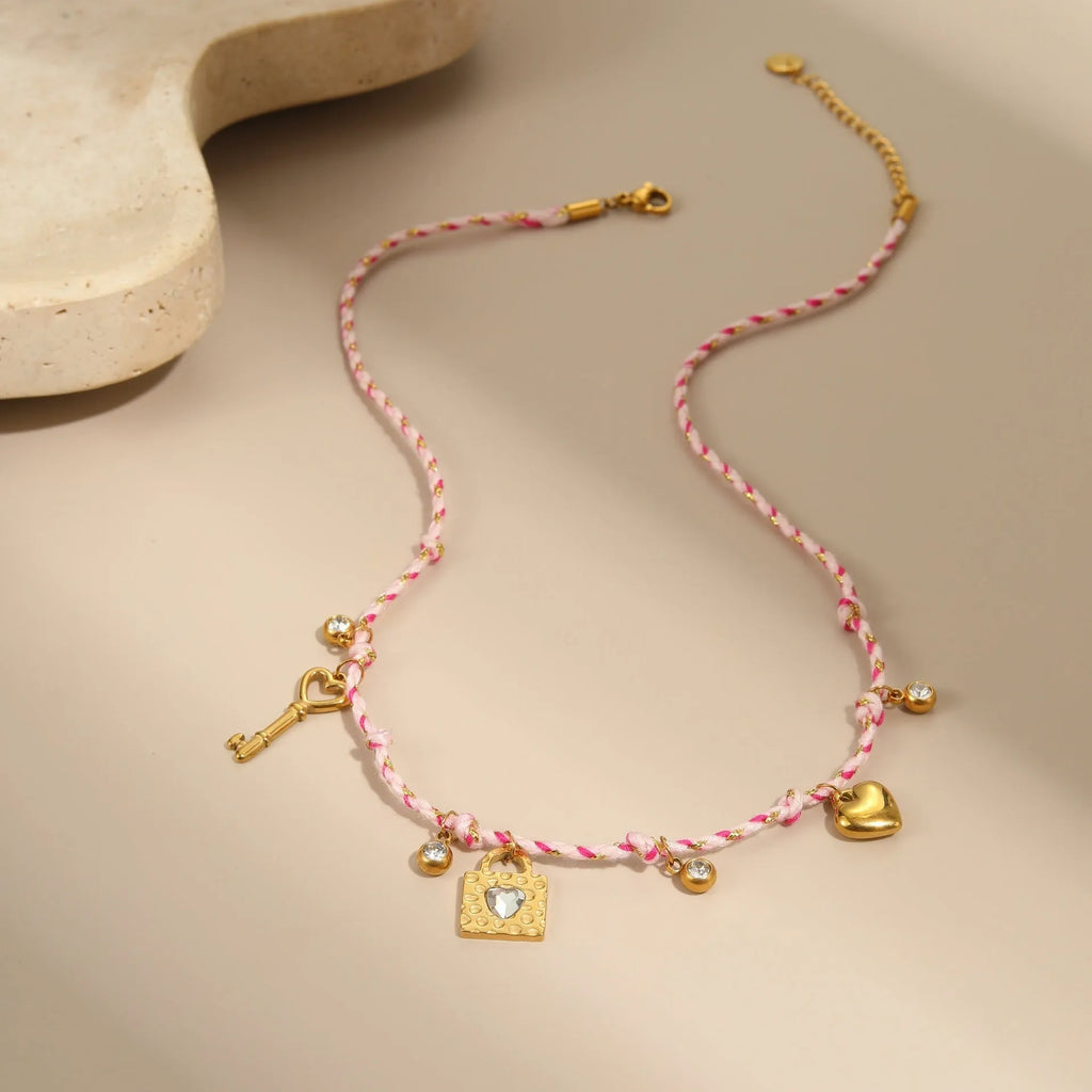 Titanium steel necklace with handmade colour braided rope and electroplated heart-shaped pendant