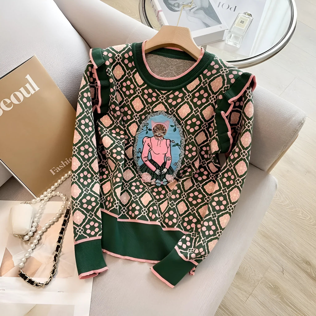 Green printed women's sweater loose fit free size regular sleeves