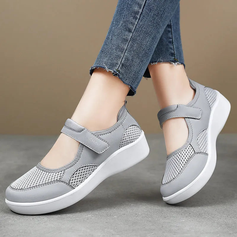 Women's grey mesh casual shoes with velcro fastening and round toe design