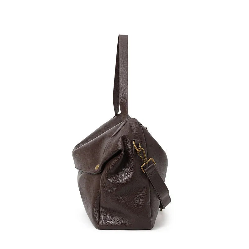 Brown genuine leather women's commuter shoulder bag with horizontal square shape and internal zipper organisation
