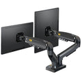 Dual screen lifting monitor bracket made of aluminium alloy and black plastic for VESA mounts.