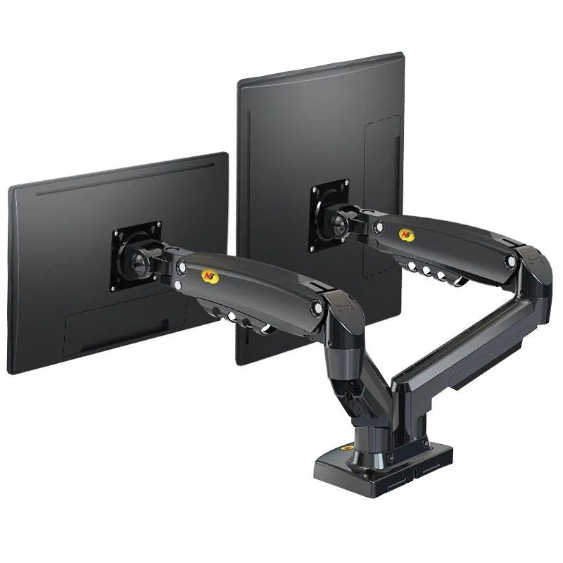 Dual screen lifting monitor bracket made of aluminium alloy and black plastic for VESA mounts.