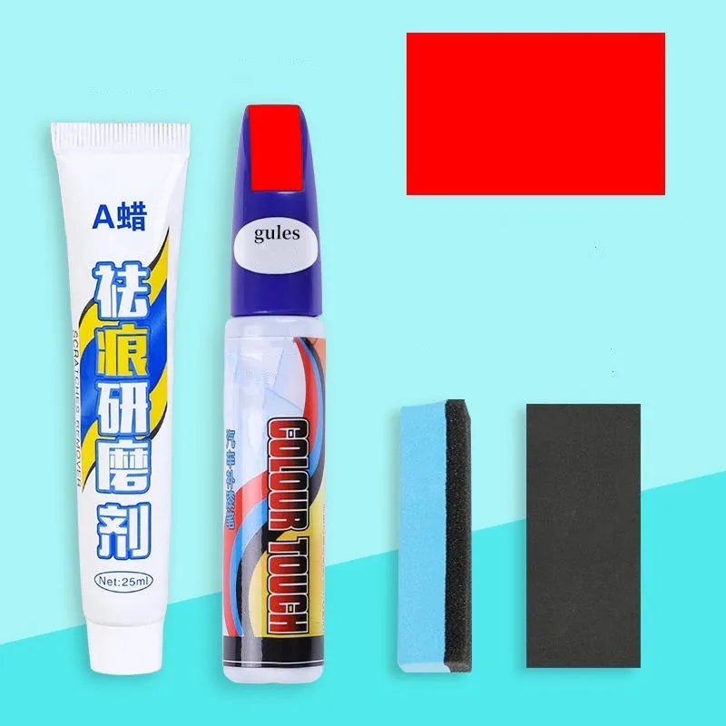 Automotive scratch repair kit with paint pen, wax pen, sponge, and sandpaper