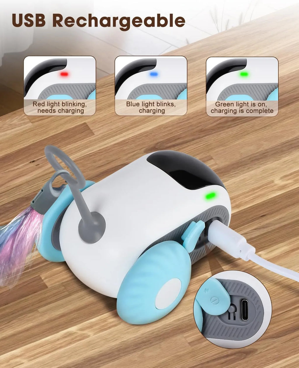 Blue remote control toy car for cats with feather teaser attachment on USB charging cable
