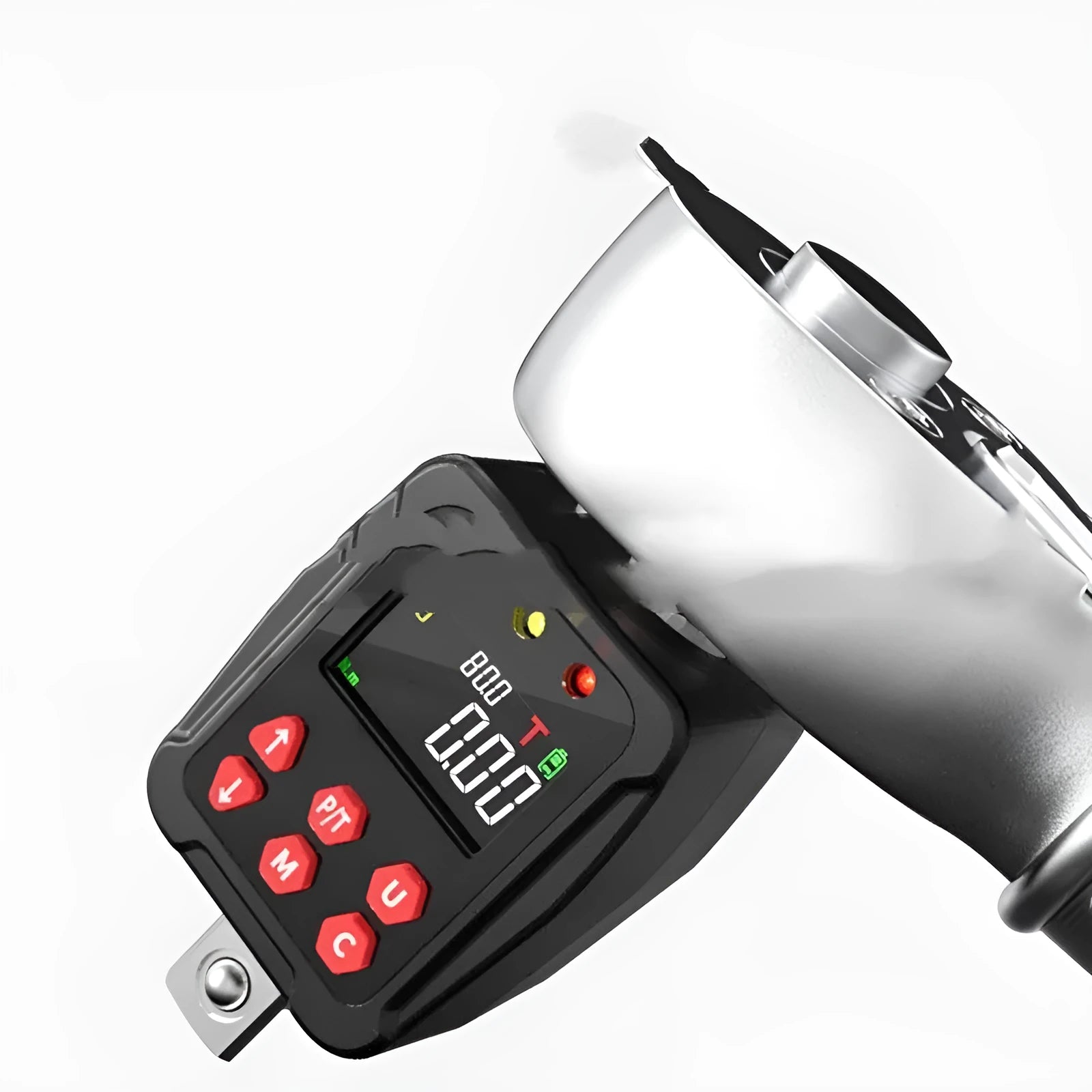 1/2 inch drive digital torque meter with display, part of a three-piece metal set for wrench calibration.