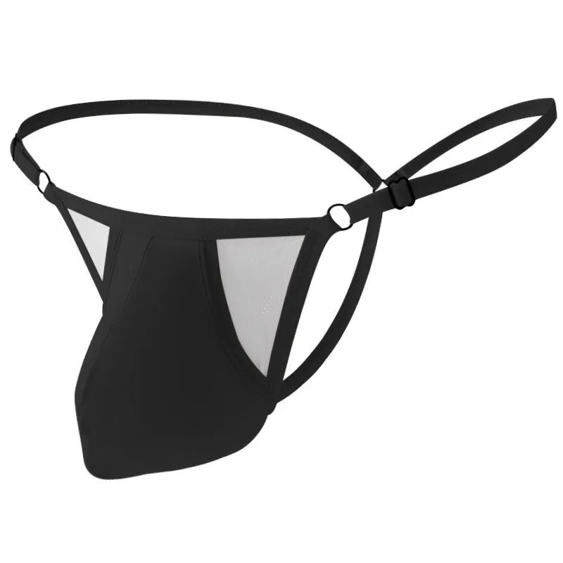 Men's black ice silk T-back underwear with thin adjustable straps on a grey background