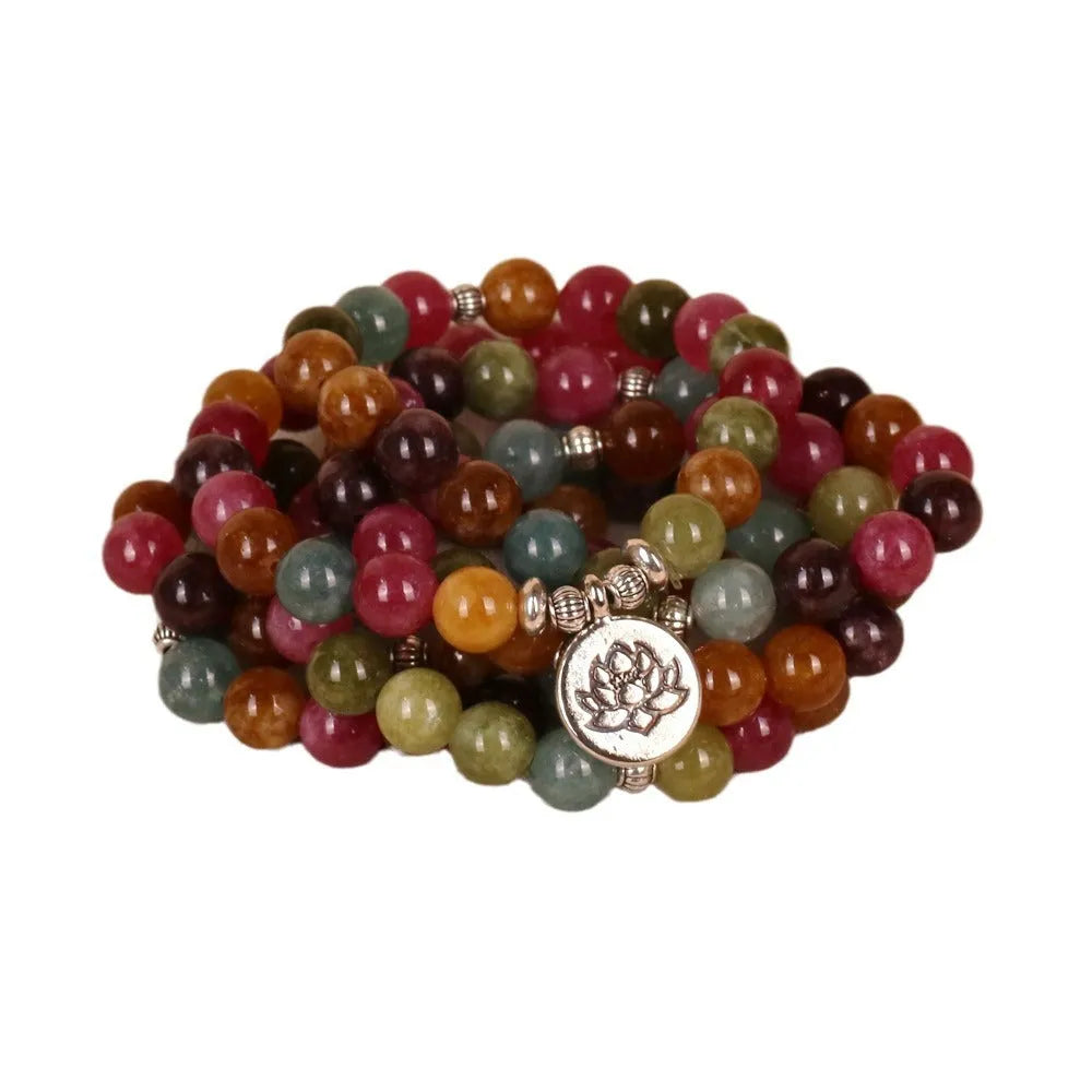 108-bead lotus hanging bracelet with tourmaline beads on adjustable multi-layer alloy string