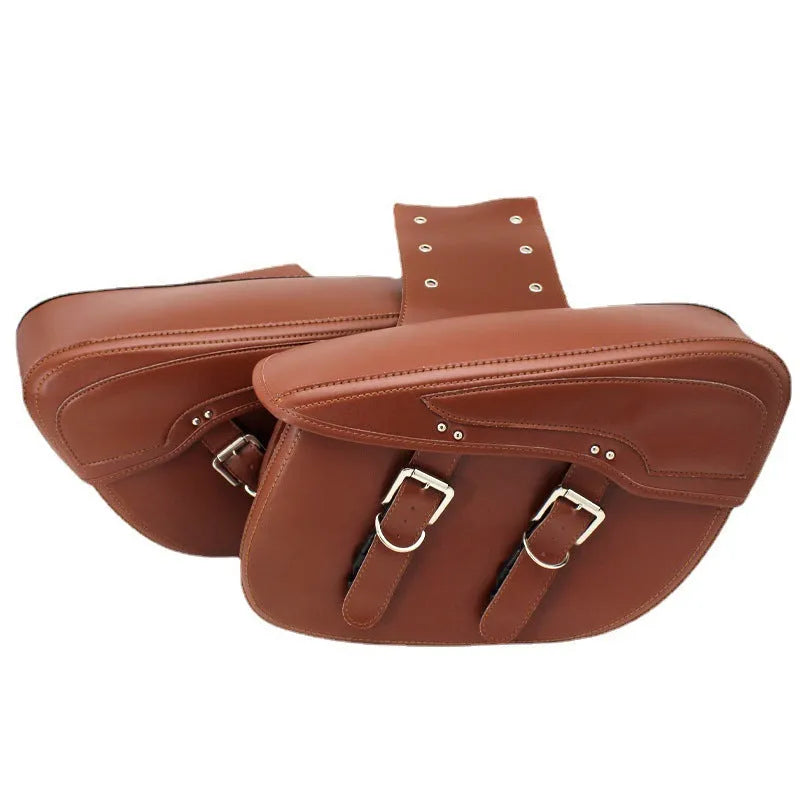 Retro wind motorcycle side box saddle bag in PU leather showing black and coffee brown colour options