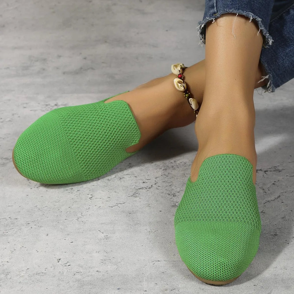 Mesh slip-on sandals with round toe, cloth upper, and flat rubber sole in candy colours