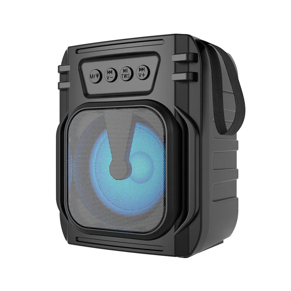 Portable mini Bluetooth speaker with USB charging cable, shown in assorted colour