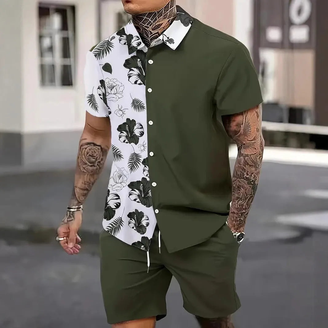 Man wearing a men's Hawaii-themed 3D printed short sleeve suit with matching shorts.