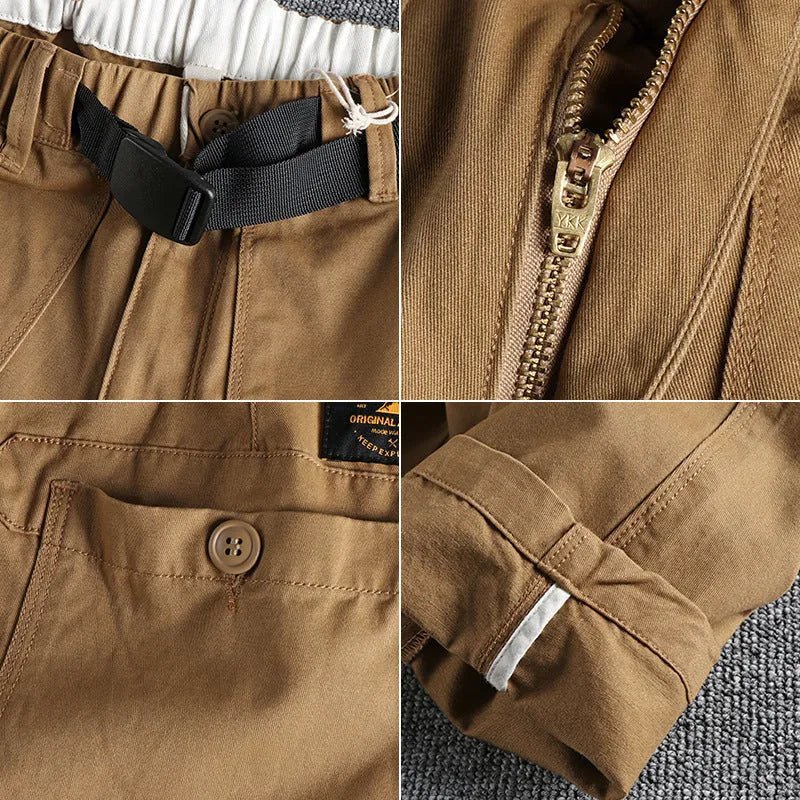 Men's cotton workwear casual pants in khaki and dark blue with three-dimensional cutting and mid waist zipper fly design