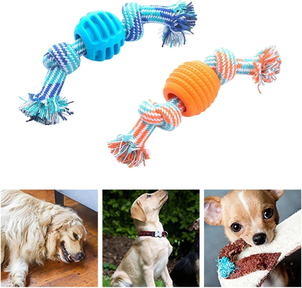 Blue molar-shaped dog chew toy with attached ropes for dental cleaning and tugging play.
