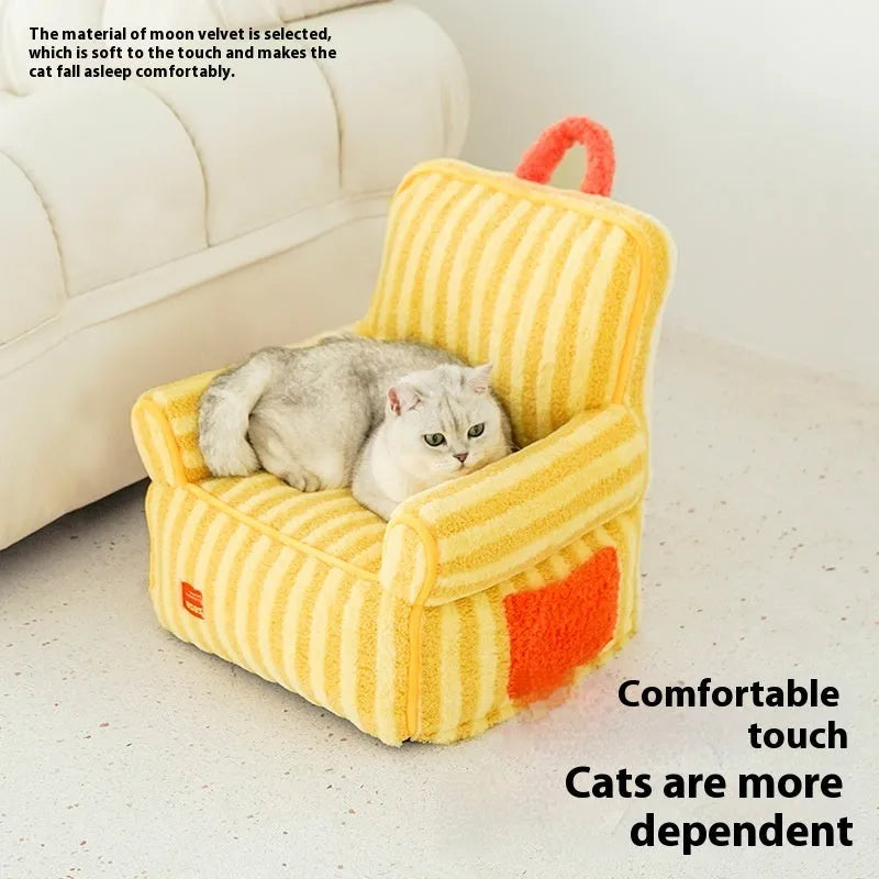 Striped soft velvet pet bed with removable cover in yellow, orange or purple colour options