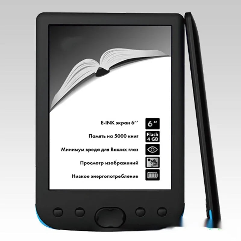 Black 6-inch E-ink e-book reader showing its paper-like screen and compact design.