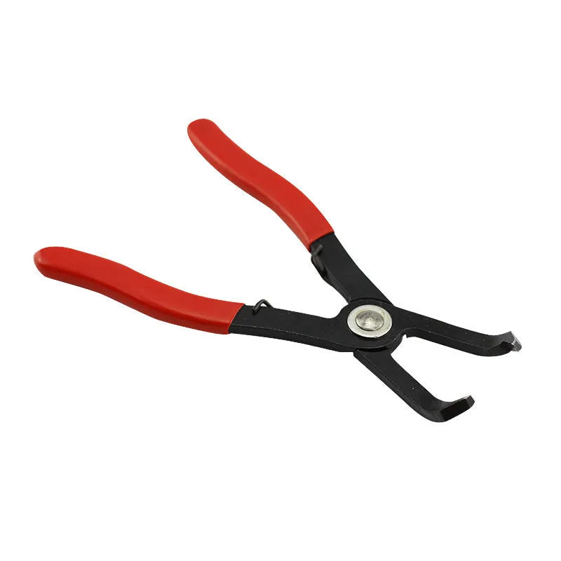 Red handled round nail removal pliers with adjustable jaws for door panel fasteners.